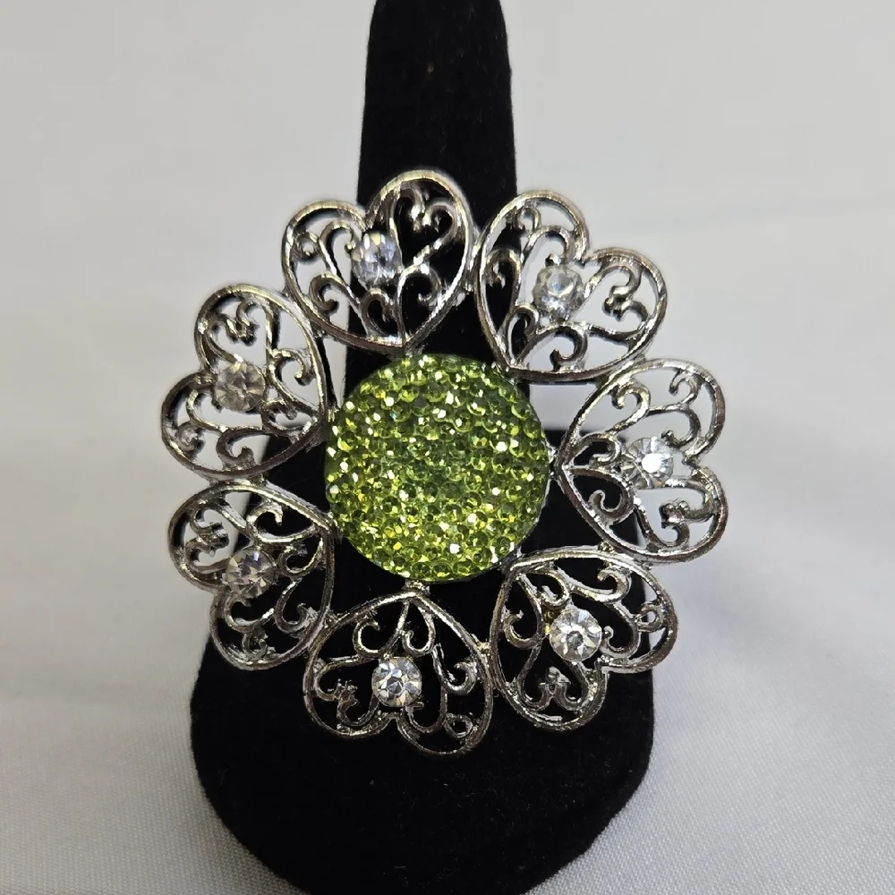 Heart Statement‎ Ring, Adjustable, Silver and Green